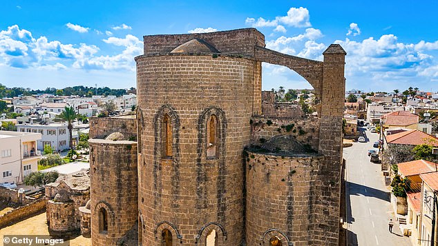 Outside the city, the average rent for a one-bedroom apartment is £619 a month,while apartments more centrally located in the city come to around £736 a month (pictured, St George of the Greeks Church, Famagusta)