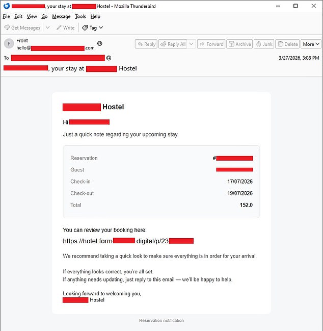Email impersonation phishing uses the hotel name, where the attacker poses as a legitimate accommodation and sends a pre‑arrival message