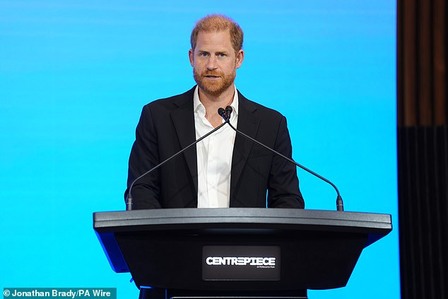 The Duke of Sussex then went to deliver the keynote speech at the InterEdge Summit, at Centrepiece in Melbourne Park, Victoria on day three of the royal trip