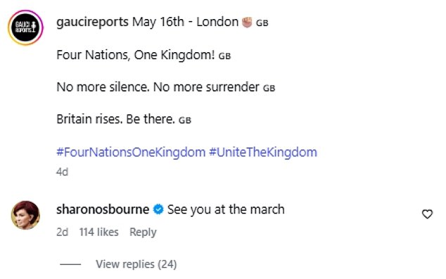 Sharon Osbourne has said she will be attending an anti-immigration march organised by far-right commentator Tommy Robinson, commenting on a social media video this week