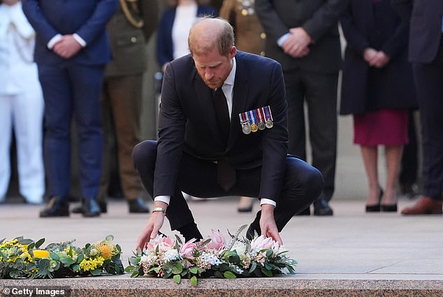 The Duke of Sussex lays a wreath during the Last Post Ceremony at the Australian War Memorial in Canberra today