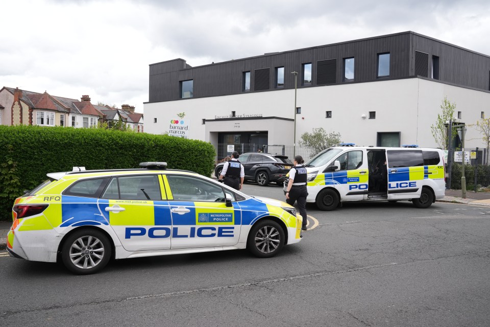 Police outside Finchley Reform Synagogue after an attempted arson attack.