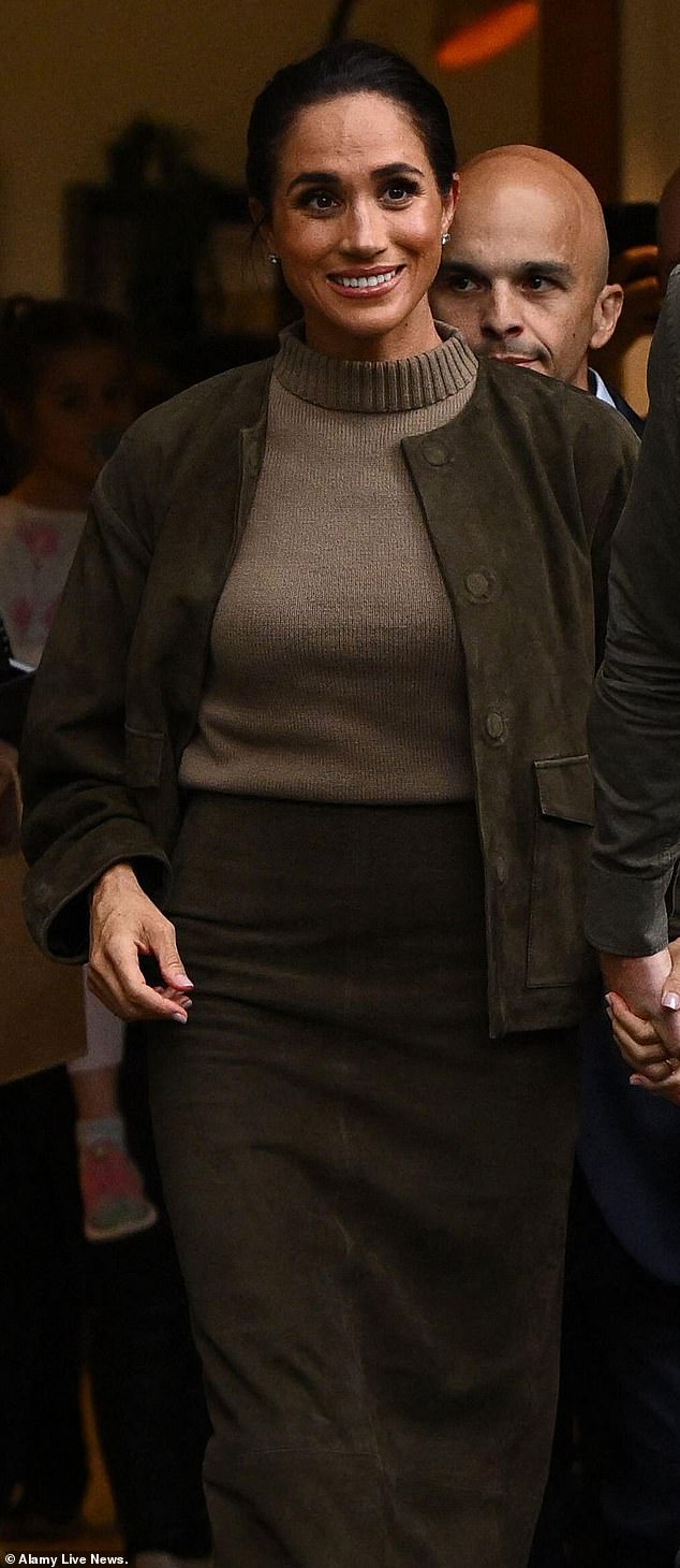 Pictured: The 44-year-old wearing a muted jumper coupled with a matching brown denim jacket and skirt in Melbourne on April 14, 2026