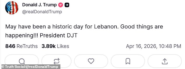 President Donald Trump hailed the ceasefire as a 'historic day for Lebanon' in a post to his Truth Social page