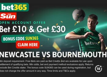 Get £30 in free bets for Newcastle vs Bournemouth with SUN365