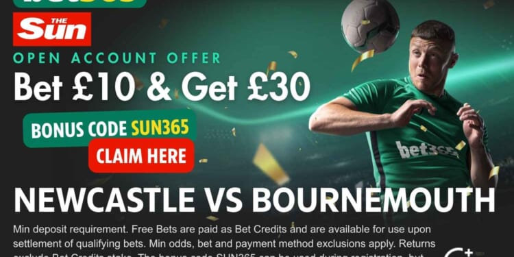 Get £30 in free bets for Newcastle vs Bournemouth with SUN365