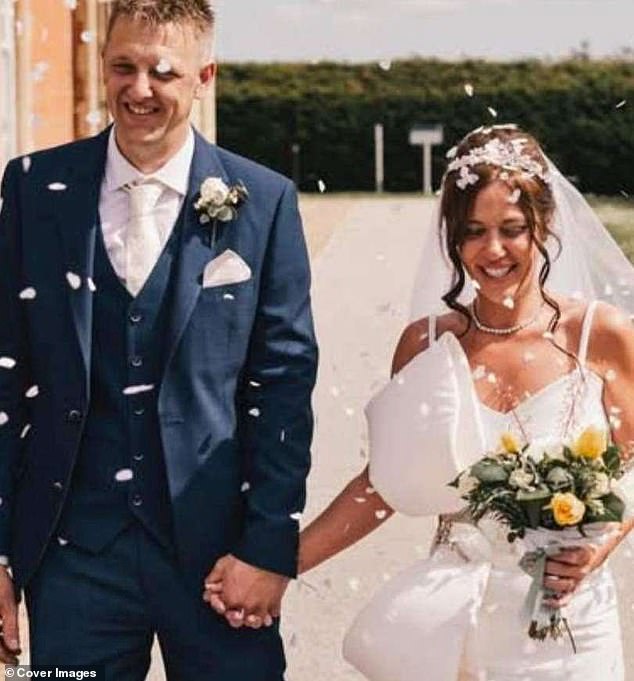 Newly weds Mr and Mrs Monk are pictured after the ceremony despite the cruel attack two hours before