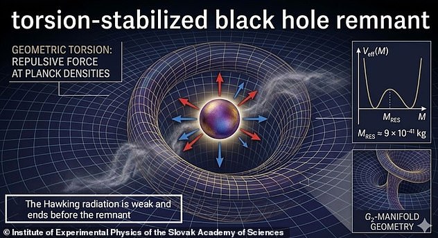 Instead of disappearing, black holes shrink so much that their hidden dimensions knot and twist into a shape that keeps them stable forever. This is called a 'torsion-stabilized black hole remnant'