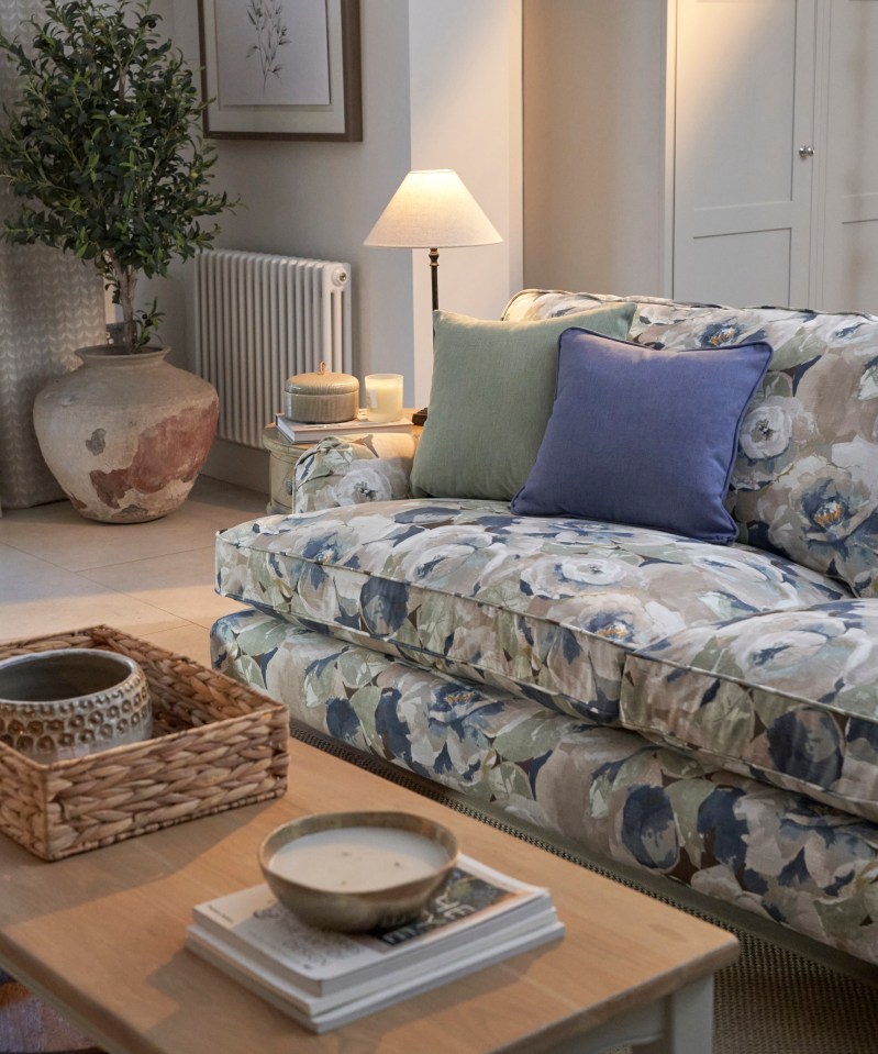 A living room features a floral patterned couch with blue and green pillows, a table lamp, and a large plant in an aged pot.