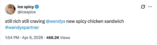 The rapper's quip alluded to her paid partnership with Wendy's. Earlier this month, she boosted the fast-food restaurant with another post on X (pictured)