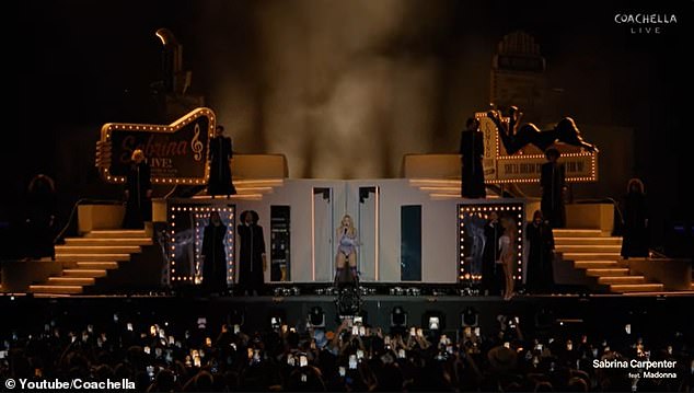 The crowd watched as Madonna sang lyrics to Like A Prayer towards the end of her cameo with Carpenter