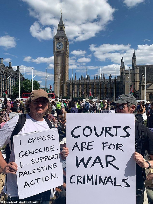 Smart's husband Mr Smith (left), meanwhile, who works as an artist and musician, is also an activist. He has previously been arrested for participating in a demonstration (pictured) in support of campaign group Palestine Action