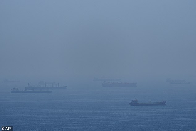 Boats anchored near the Strait of Hormuz. Iran said any boat that moves toward the Strait will be considered in 'cooperation with the enemy' and would be targeted