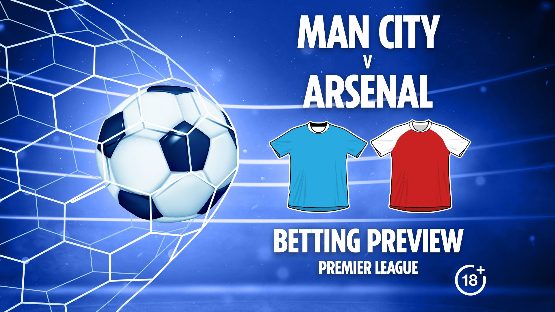 Illustration of a Manchester City vs. Arsenal Premier League betting preview with a soccer ball in a goal and team jerseys.