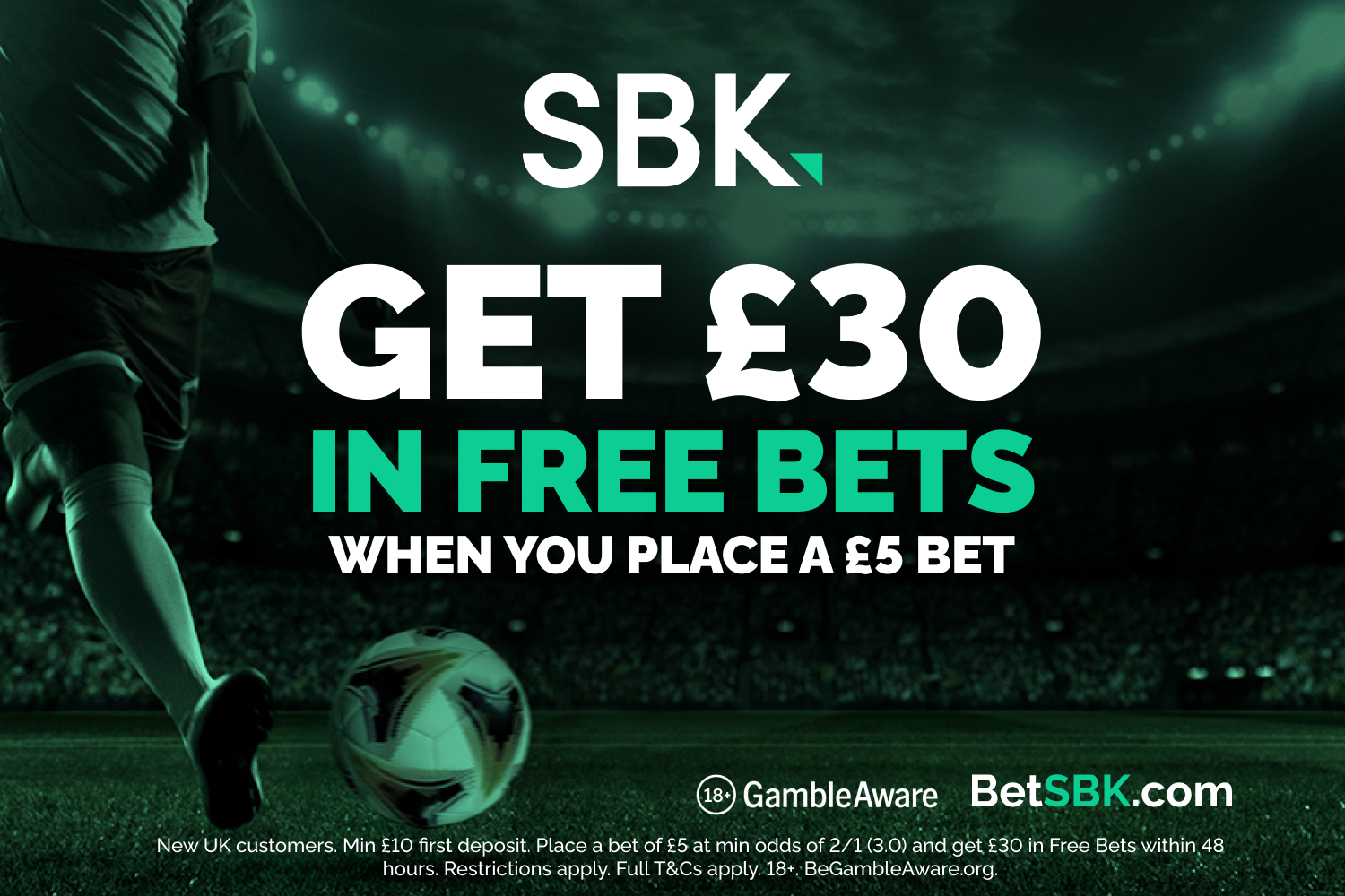 Advertisement for SBK betting offering £30 in free bets for a £5 bet, with a soccer player and ball on a field.
