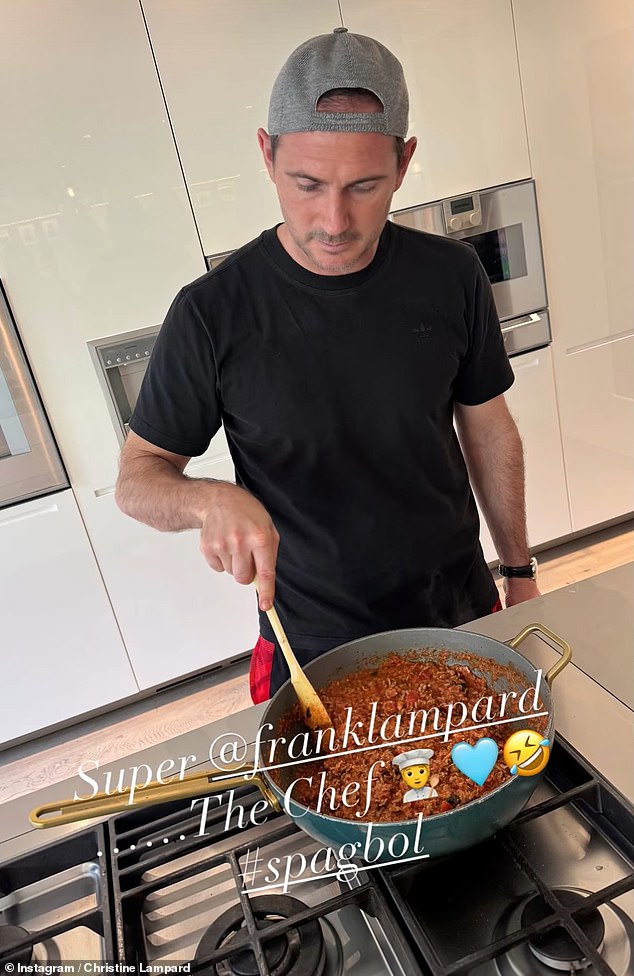 Frank then showed off his cooking skills by preparing dinner for the family, with Christine captioning the post: 'Super @franklampard the chef #spagbol'
