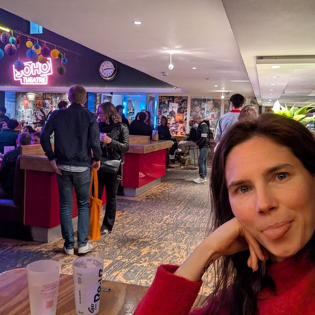 Other posts show Ms Knox sticking out her tongue as she enjoyed the musical comedy Dead Inside at Soho Theatre on Saturday with the caption ‘’I laughed! I cried!’