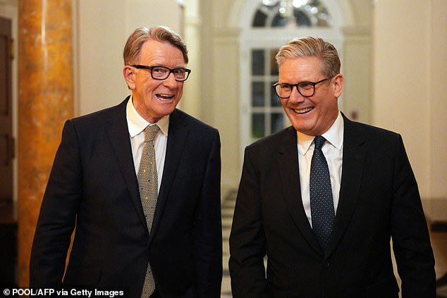 Sir Keir pictured alongside Peter Mandelson during a welcome reception at the ambassador's residence in 2025