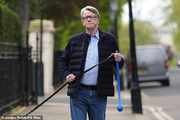 Mandelson, pictured outside his home in London, failed a security vetting process to become US ambassador