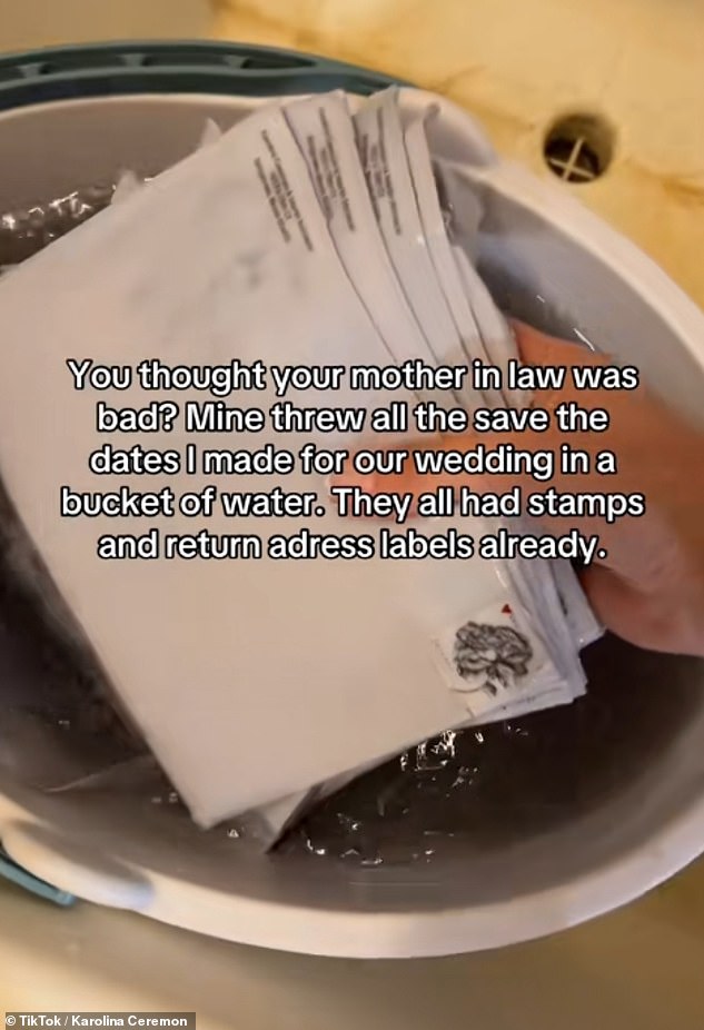 In yet more wince-worthy moments, one bride, Karolina Ceremon shared in a TikTok how her mother-in-law dumped her 'save-the-dates' into a bucket of dirty water