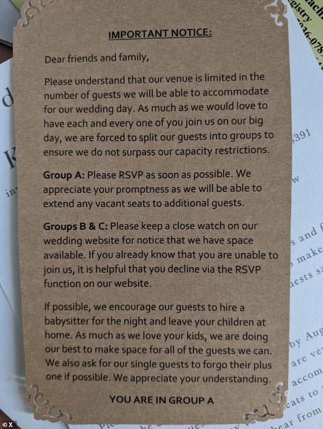 Social media users were left stunned by an 'important notice' attached to a wedding invitation which detailed how the bride and groom had ranked guests into different groups