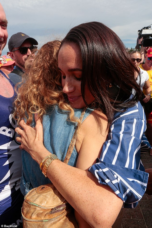 Meghan hugs Jessica Chapnil Khan, a survivor of the 2025 Bondi Beach terror attack