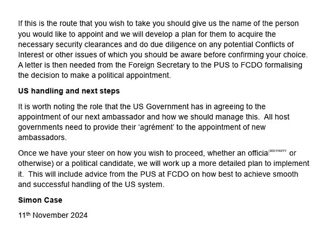 Critics have pointed to an email from then-Cabinet Secretary Simon Case to Sir Keir in November 2024 suggesting that there should be a 'plan' to get security clearance for whomever was chosen as US ambassador