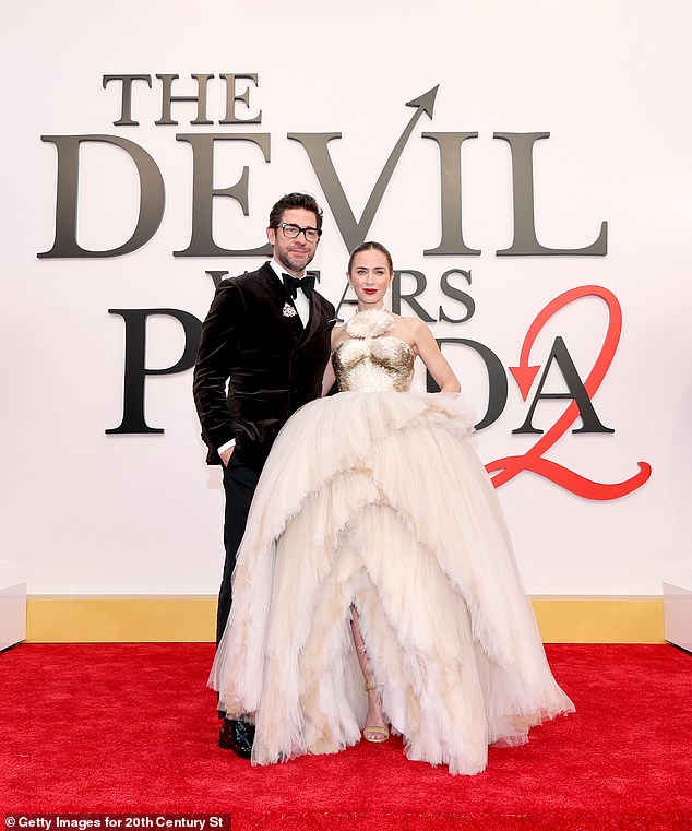 She was accompanied by husband John Krasinski, 46, who looked handsome in a black velvet suit