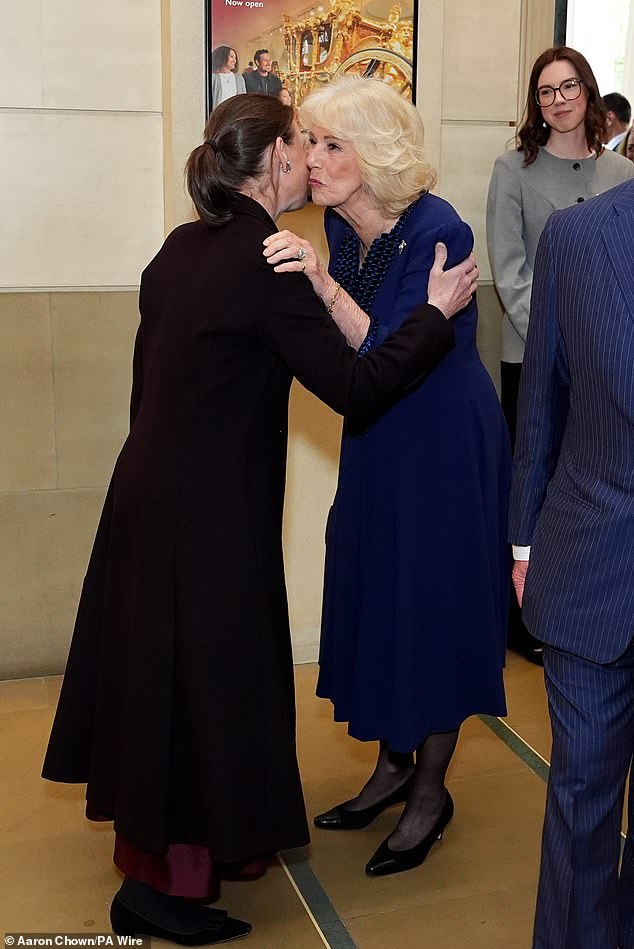 Lady Chatto greeting Queen Camilla at the commemorative exhibition on Monday, April 20