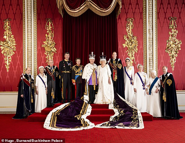 2023 at the King's coronation: (From left) Duke of Kent, Duchess of Gloucester, Duke of Gloucester, Vice Admiral Sir Tim Laurence, the Princess Royal, King Charles III, Queen Camilla, The Prince of Wales, the Princess of Wales, Duchess of Edinburgh, Princess Alexandra, The Honourable Lady Ogilvy and the Duke of Edinburgh