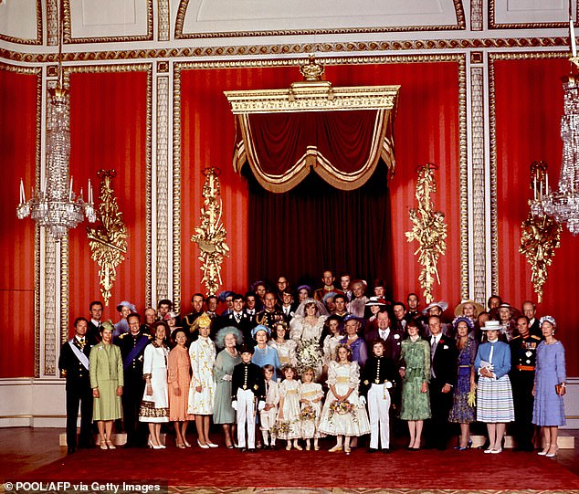 1983: The then-Prince Charles and Princess Diana's wedding photo with the members of the Royal Family and other guests