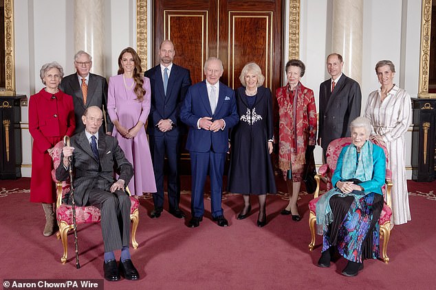 Prince Harry remained absent from the late Queen's centenary celebrations, as King Charles led a 'slimmed-down monarchy' across the pond. (Left to right) The Duchess of Gloucester, the Duke of Gloucester, the Duke of Kent, the Princess of Wales, the Prince of Wales, King Charles III, Queen Camilla, the Princess Royal, the Duke of Edinburgh, Princess Alexandra and the Duchess of Edinburgh at Buckingham Palace in London