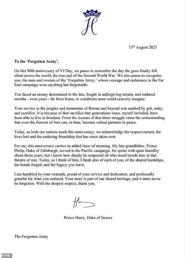 On the 80th anniversary of VJ Day, Harry asked a friend to place a letter and wreath on the Burma Star Memorial in Staffordshire in memory of the former Duke of Edinburgh