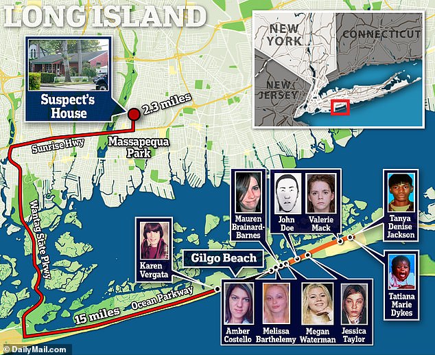 Map showing where the remains of victims were found along Ocean Parkway
