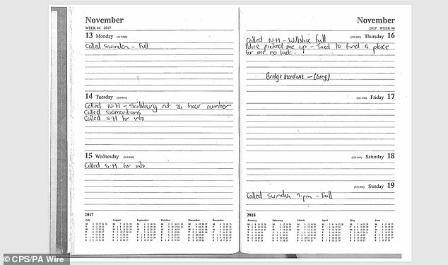 Notes made by Ms Baird in her diary in the days before she took her own life on November 27