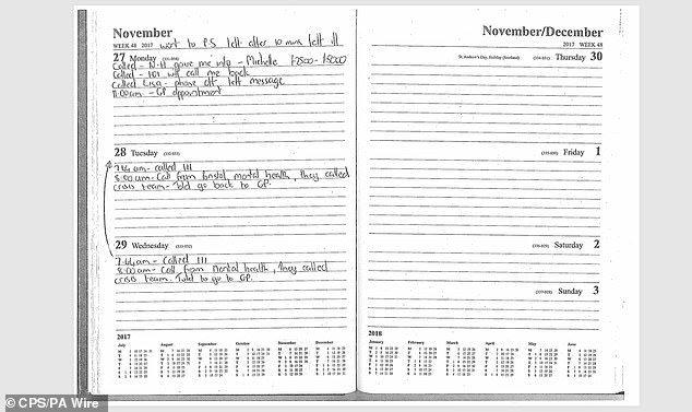 Notes made in Ms Baird's diary indicate she called mental health services in the run up to her death