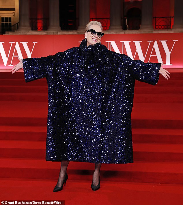 However it was Meryl who stole the show in a dazzling purple sequin jacket as she broke her iconic Miranda Priestly character by flashing a huge smile