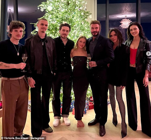 (L-R) Cruz, Romeo, Brooklyn, Harper, David and Victoria Beckham and Nicola Peltz seen in happier times