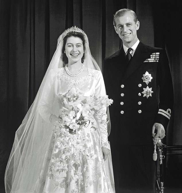 Queen Elizabeth (then Princess Elizabeth) in her iconic wedding dress, along her husband Prince Philip Mountbatten on November 20, 1947