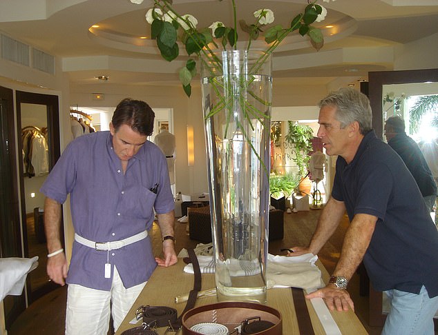 Lord Mandelson and Jeffrey Epstein at a boutique in the Caribbean in 2005