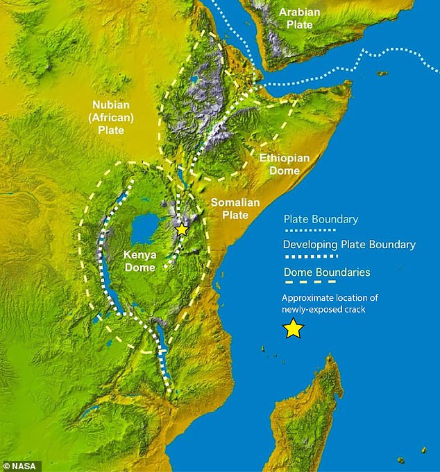 Africa is already splitting into two along the East Africa Rift System (pictured), but this newly discovered plate boundary is helping to guide the continent apart like a tectonic 'railroad track'
