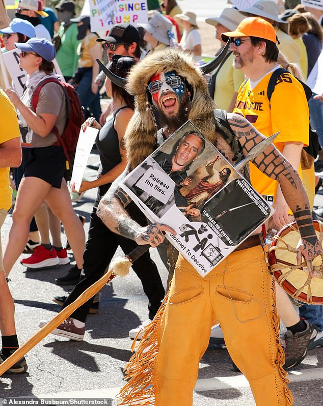 Jake Angeli at a No Kings Protest in Phoenix, Arizona on October 18, 2025