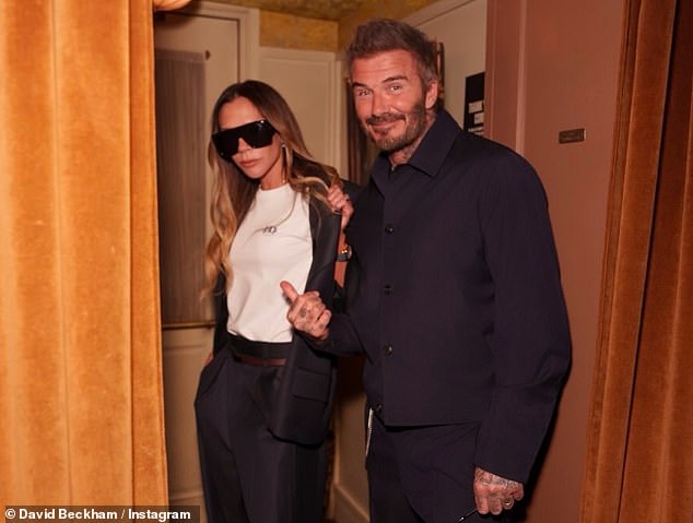 Posh showcased her pout as David playfully pointed towards her