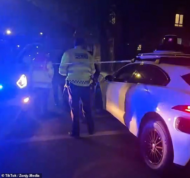 Two police officers can be seen in conversation with the driver before it reverses away
