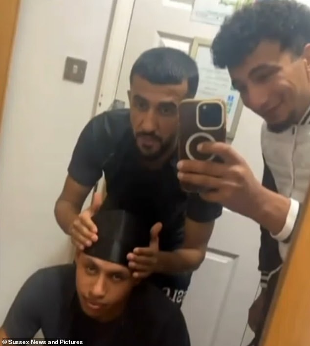 The 20-year-old, pictured seated alongside co-defendants Abdulla Ahmadi (centre) and Ibrahim Alshafe (right), all entered the country illegally before sexually assaulting a vulnerable woman
