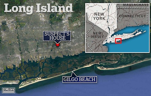 Map shows the location of Heuermann's home compared to Gilgo Beach where the remains of several victims were dumped and later found