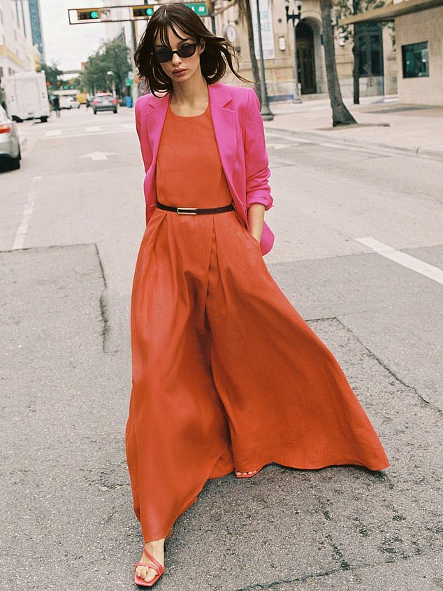 Reiss Single Breasted Blazer and Linen Open-Back Maxi Dress in Coral Orange