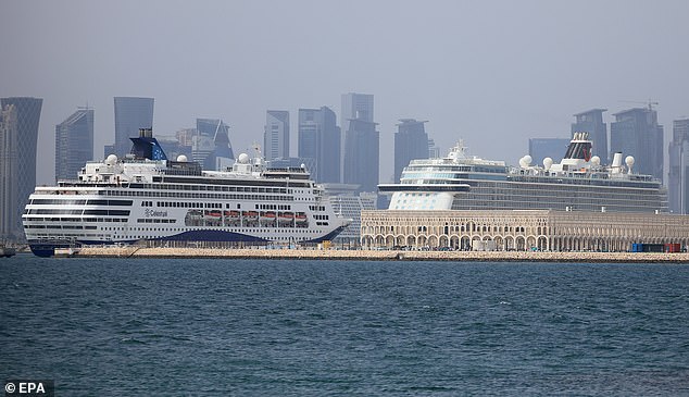 The dangerous escape comes after cruise liners became stranded in ports in the Gulf due to the war in the Middle East. Pictured: Two cruise ships from TUI and Celestyal are docked at the terminal close to the old port, in Doha, Qatar, 02 March 2026