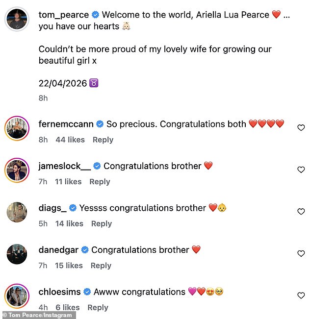 The post was flooded with congratulatory comments from his former co-stars including Ferne McCann, Diags, James Lock and Chloe Simms