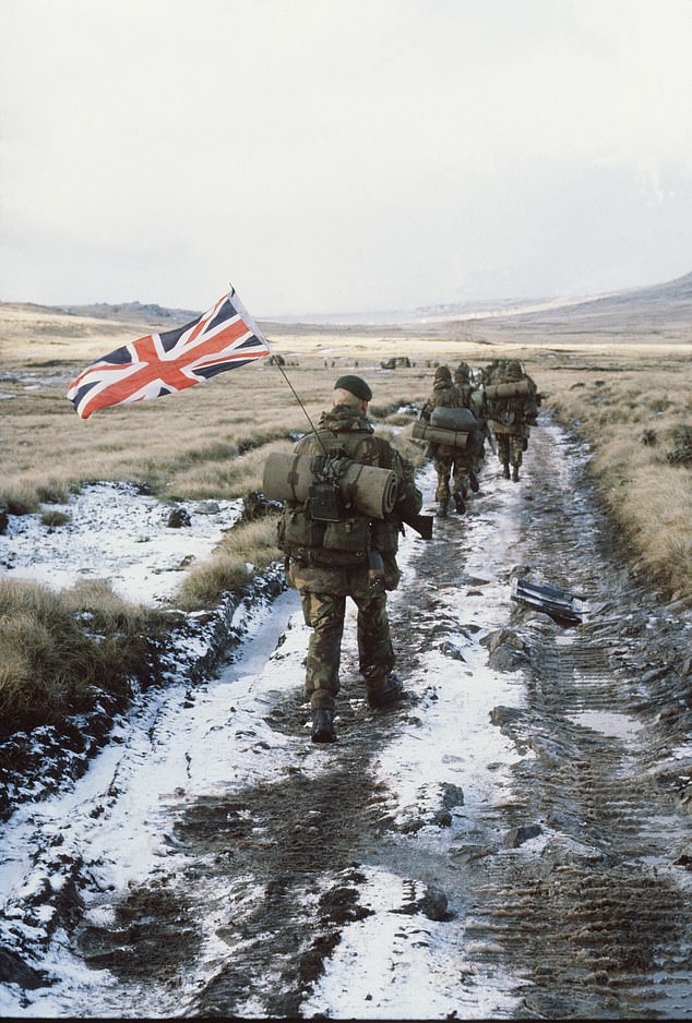 British troops in the Falklands in 1982 during the war with Argentina. Downing Street was unable to say whether the UK was still capable of defending the archipelago given the parlous state of the Navy. Asked twice, Sir Keir's spokesman called it a 'hypothetical' issue